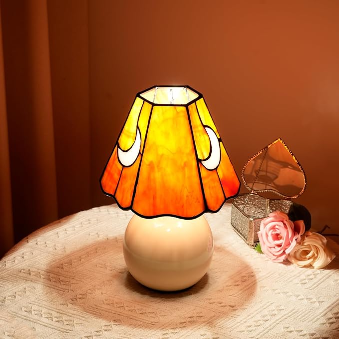 Mushroom Lamp Tiffany Stained Glass Moon lamp Cute Small Bedside Table Lamps for Living Room Home Decor,Girls Women Birthday Christmas Thanksgiving Day Gift,Orange