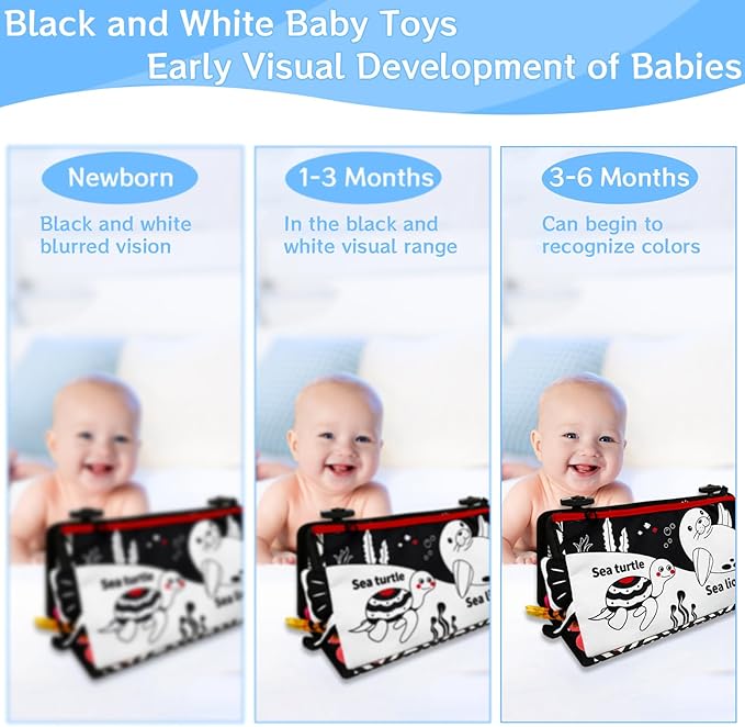 Tummy Time Mirror Newborn Toys: Black and White Infant Tummy Time Toys 0-3 0-6 6-12 Months Babies High Contrast Baby Toy with Baby Book & Teethers Montessori Sensory Floor Toy for Boy Girl Baby Gifts