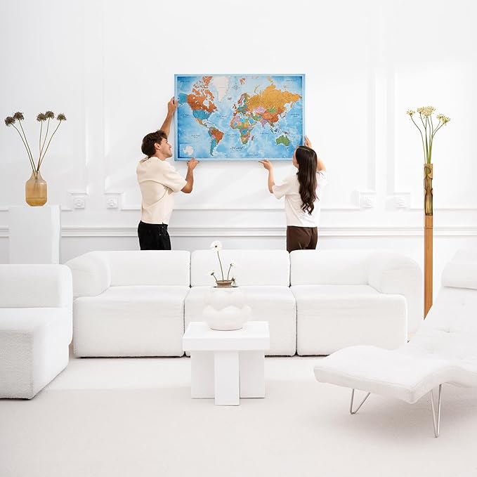 Canvas World Map with Cork Pin Board - English Lettering - Decorative Wall Decoration for All Rooms - Canvas Pictures with World Map Motif (150x100 cm, Pattern 21)