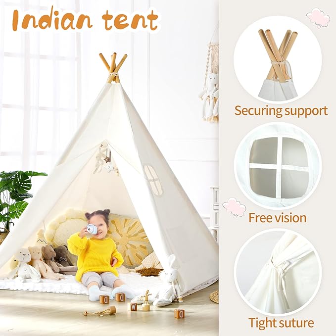 Sumbababy Kids Teepee Tent - Natural Canvas Playhouse with Fringe, Washable Fabric, Tipi Sleepover Tent, Includes Carry Bag, Lights & Colorful Flags - Perfect for Indoor & Outdoor Fun