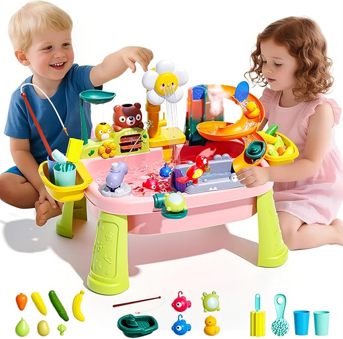 2026 Upgraded Toddler Sand Water Table Toy with Electric Water Pump, Kids Sand Water with Faucet/Play Food Accessories/Fishing Toy, Kitchen Play Sink Toys for Girl Boy Age 3+ (Pink)