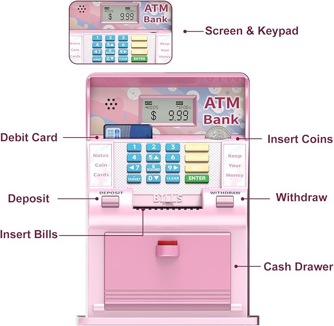 ATM Piggy Bank for Kids，ATM Bank Cash Coin Saving for Real Money with Debit Card，Coin Recognition, Balance Calculator, Electronic Savings Safe Box，Gift for Ages 6-13 Piggy Bank (Pink)