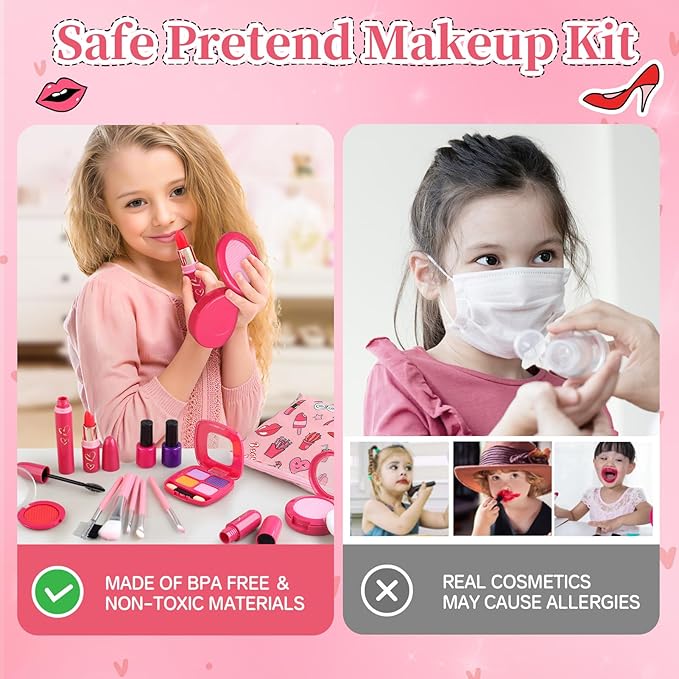 Toddler Girls Toys Pretend Makeup Kits - Fake Makeup Set Toys for Kids 3 4 5 6 Year Old , Play Makeup Gift for Little Girls 3-5, Toddler Makeup Kit with Fake Makeup Toy Birthday Gift