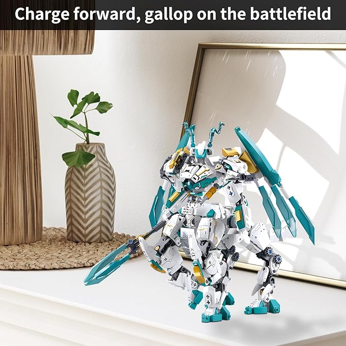 White Horse Dragon Samurai mech Robot Model Knight 2 in 1 Building Blocks Toy Set Mythical Birthday for Age 8+ Children Adults Teens 731 Pieces