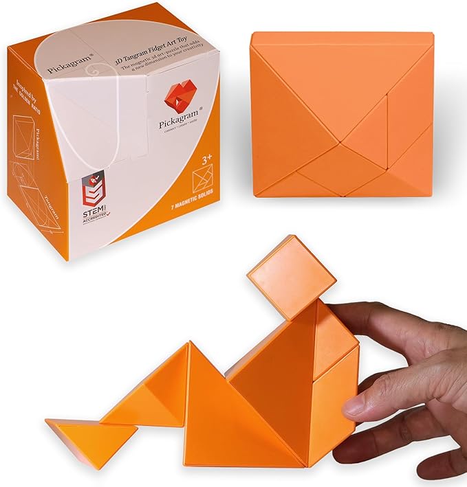 Pickagram Tangram 3D Magnetic Puzzle for Kids (8-12), Adults & Seniors | STEM Certified Fidget Puzzle - Magnetic Pattern Blocks for Cognitive Development, Creativity & Focus - Orange