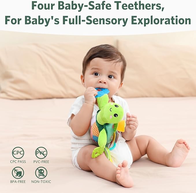 Turtle Baby Sensory Toy, Flip Scales & Multi-Textured Belly Montessori Activity Toy with Rattle Squeaker Teethers, Tummy Time/Crib/Stroller Toy,Educational Toy for 0-3 Years Newborn to Toddler