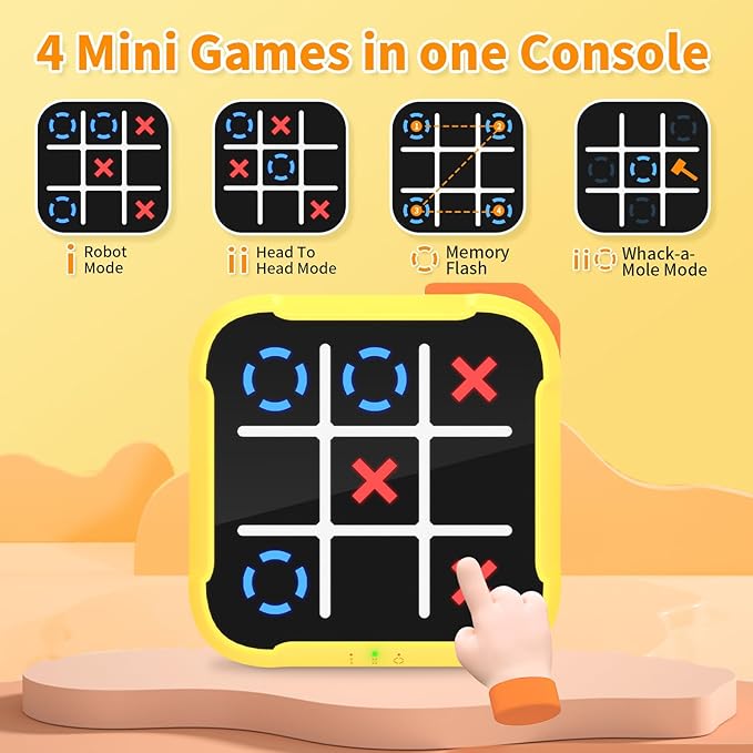 4 in 1 Handheld Tic Tac Toe Game, Electronic Digital Puzzle Game Console with Memory Flash, Whack-a-Mole, Portable Travel Toy Gift for Kids & Adults