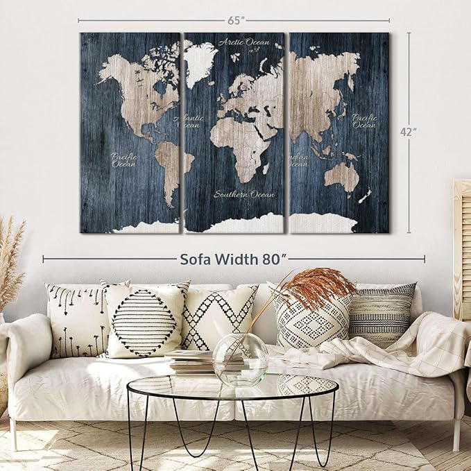 ElephantStock Aged Blue World Map I Canvas - 3 Panel Wall Decor - World Map Digital Art - Blue Wall Art - 65" X 42"