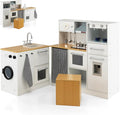 HONEY JOY Kids Kitchen Playset, 2-Piece Modular Wooden Corner Toy Kitchen Set/Washing Machine & Sink, Coffee Maker, Range Hood & Stove, Stool, Little Chef Pretend Play Kitchen for Toddlers, Natural