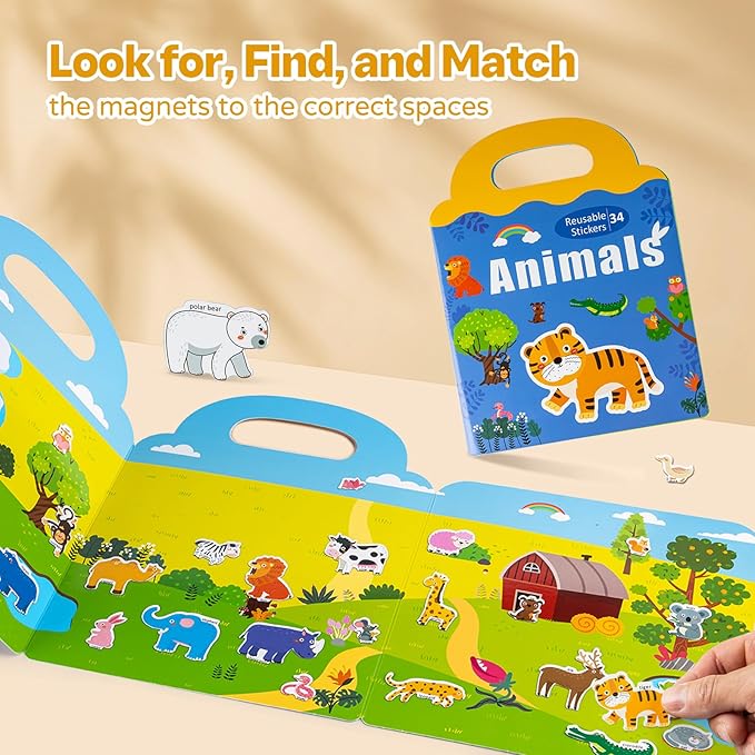 Magnetic Playset Portable Playboard, Cute Farmhouse Animal Reusable Magnets Sticker Books for Toddlers 3-5 Years, 34 PCS Refrigerator Magnets for Kids Girls Boys Perfect Preschool Learning Travel Toy