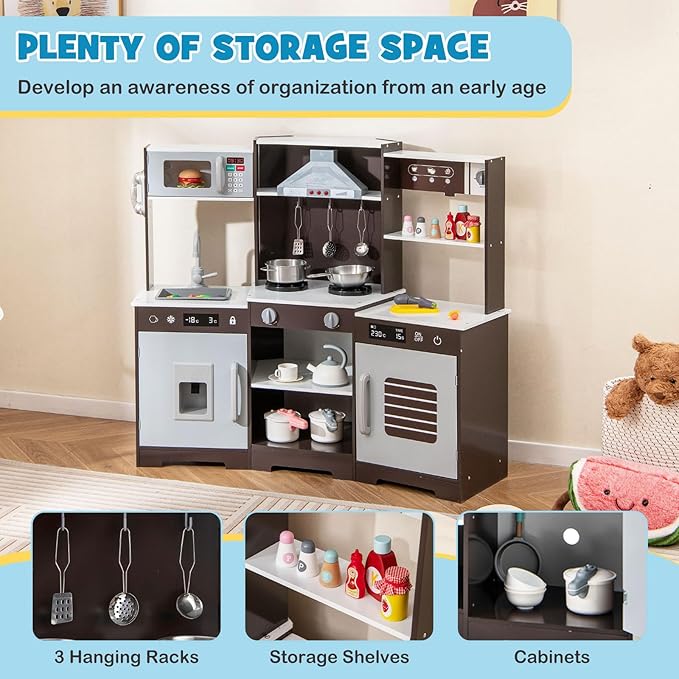 Costzon Corner Kids Kitchen Playset, Wooden Toy Kitchen Set with Range Hood, Ice Maker, Pretend Telephone, Sink, Faucet, Microwave, Oven, Play Kitchen with Lights and Sounds for Toddlers (Brown)