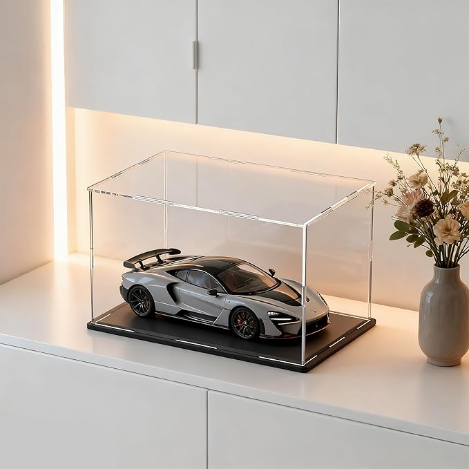 Acrylic Display Case for Figures, Clear Acrylic Box with Black Base for showcaseing Long Object, Miniature, Model Cars, Collectables 16 (L) × 8 (W) × 8 (H) inch