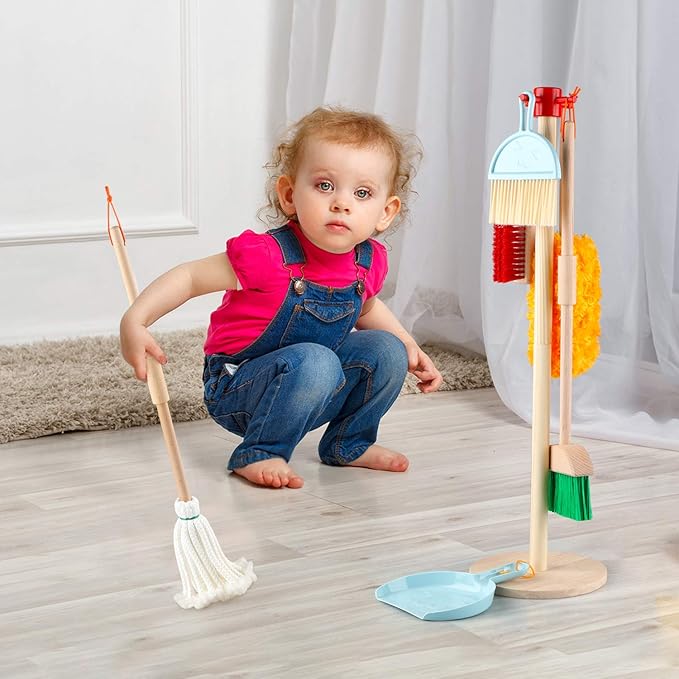 Kids Cleaning Set Toys 7 Piece Cleaning Toys for Toddlers Pretend Play Cleaning Tools for Kids Wooden Detachable Housekeeping Broom Dustpan Duster Brush Mop