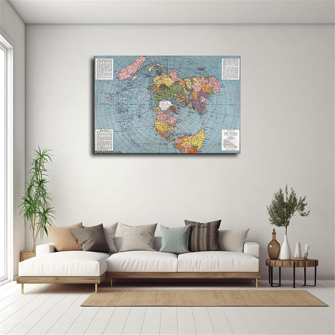 Flat Earth Map of The World Model - 1943 Polar Azimuthal Equidistant Projection Map Art Poster Room Aesthetic Wall Art Canvas Decoration Home Decor Gifts (20×30inch Framed)