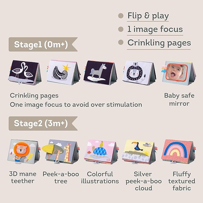 Taf Toys Savannah Infant Tummy-time Soft Crinkle Activity Book with Huge Baby Safe Mirror, 3D Activities, Textures and a Soft Baby Teether