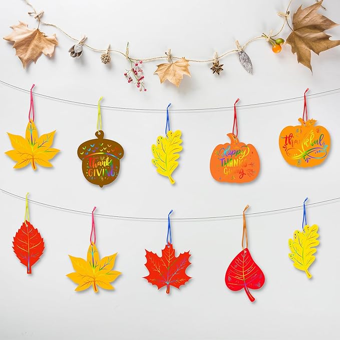 Eternity sky 64 Sets Fall Thanksgiving Crafts Colorful Leaves Pumpkin Scratch Art, Autumn Magic DIY Kit Classroom Activities Party Favors