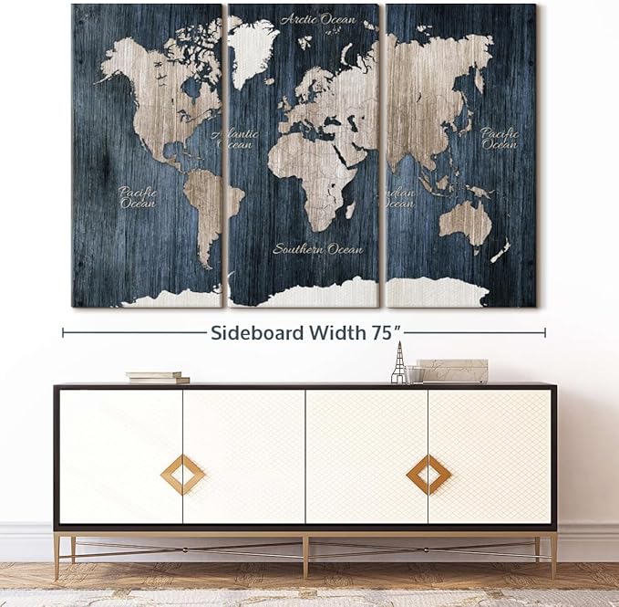 ElephantStock Aged Blue World Map I Canvas - 3 Panel Wall Decor - World Map Digital Art - Blue Wall Art - 74" X 48"