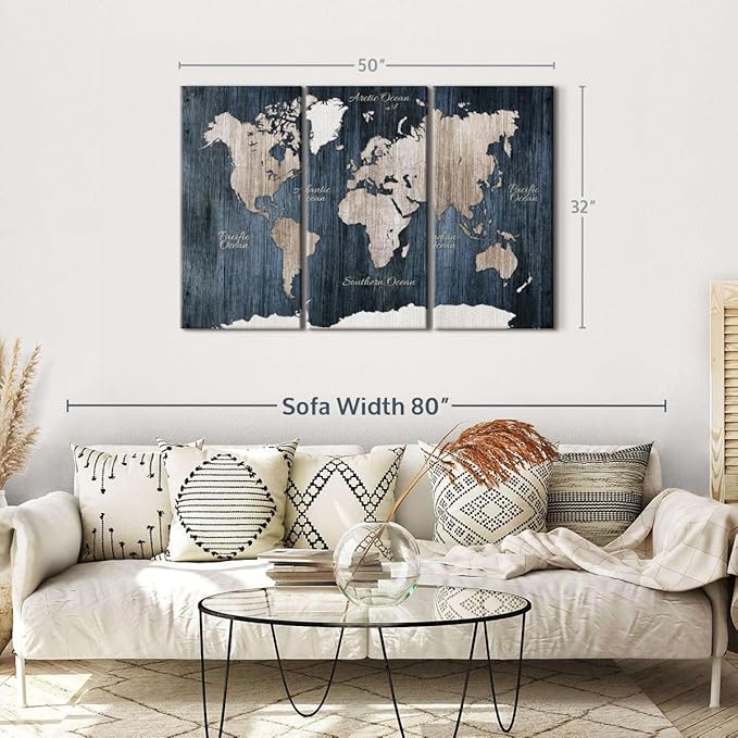 ElephantStock Aged Blue World Map I Canvas - 3 Panel Wall Decor - World Map Digital Art - Blue Wall Art - 50" X 32"