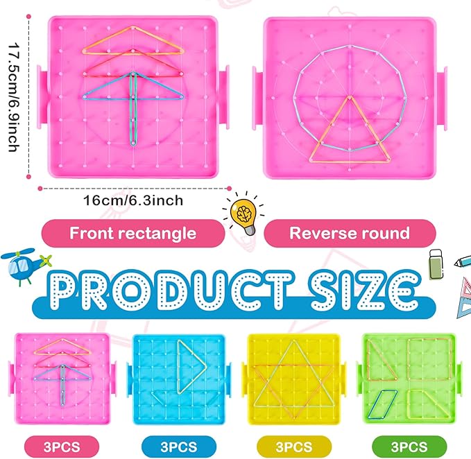 Deekin 24 Pcs Double Sided Geoboard Mathematical Kids Geoboards with Rubber Bands Math Manipulatives Toy for Geometry, 6.9 x 6.3 Inches Classroom Back to School