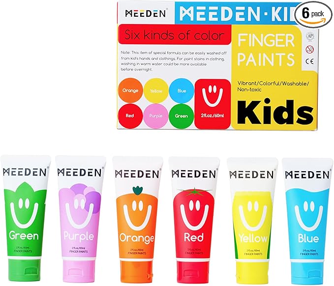 MEEDEN Finger Paints for Kids, Washable Kids Finger Paint Non Toxic Finger Painting Set for Toddlers 3+ Age Art Painting Supplies Gift for Baby Hand Painting DIY Crafts, 6 Colors, 60ml/Tube