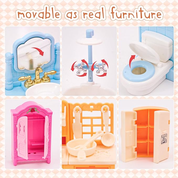 45 Pcs Dollhouse Furniture Set Accessories Pretend Play Bedroom Living Room Bathroom Kitchen Doll House Mini Furniture for Kids Birthday and Christmas 4 Colors