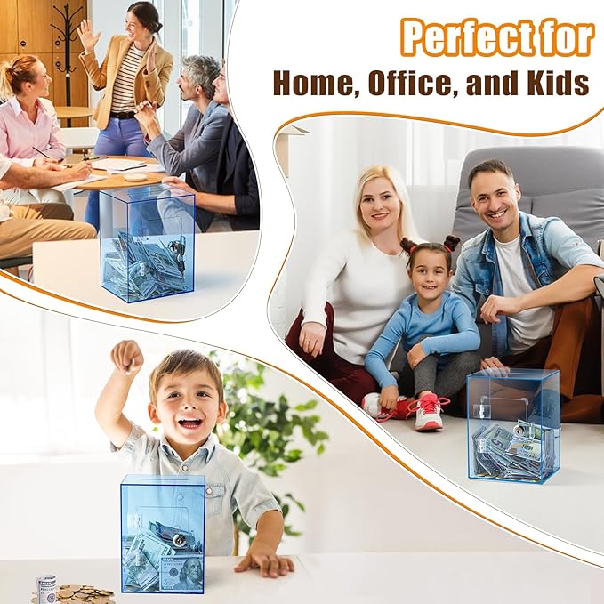 Hicocool Clear Piggy Bank with Lock, Acrylic Piggy Bank for Adults Kids Openable, Reusable Money Saving Box with Key for Birthday (Blue)