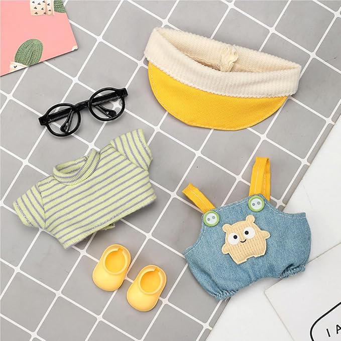 5 Pcs Set-17cm Doll Rabbit Bunny Clothes,Bucket Hat Sunhat+Glass Frame+Shirt+Overalls Trousers+Shoes,Fashionable Outfit for Dress up Unique Style, Doll Costume Cosplay Fashion Dresses-Set 8