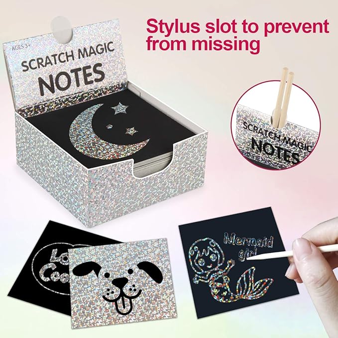 Mocoosy 400 Sheets Holographic Scratch Art Mini Notes for Kids, Glitter Rainbow Scratch Off Paper Arts Crafts Magic Scratch Note Cards Party Favor Supplies Goody Bag Stuffers Gift Box for Girls Boys