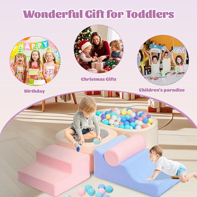 MIND&ACTION 6-Piece Toddler Clinbing Toys Indoor with Ball Pit, Climbing Toys for 1+ Year Old, Soft Play Set Baby Foam Blocks for Toddler 1-3 (Ball Not Included)