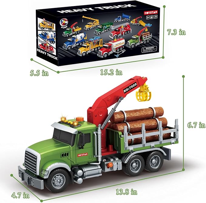 Mostop Logging Truck Kids Toy for 3 4 5 6 7 8 Year Old Boys, 15’’ Farm Logging Truck with Crane and 6 Trunks, Lights, Sounds, Friction Powered Timber Transport Log Tow Truck Toy Birthday Gift
