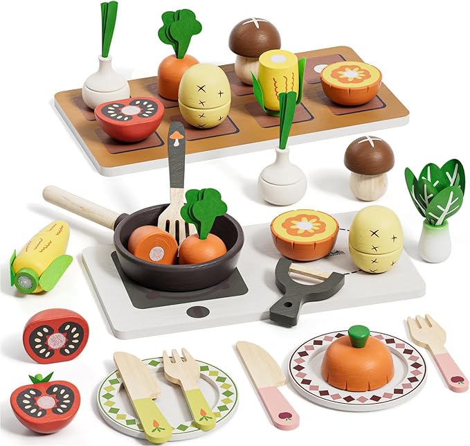 Wooden Play Food Sets for Kids Kitchen, Farm to Table, Play Kitchen Accessories Cutting Vegetables Toy, Pretend Play Food Cooking Games, Learning Resources Food for Kids 3+