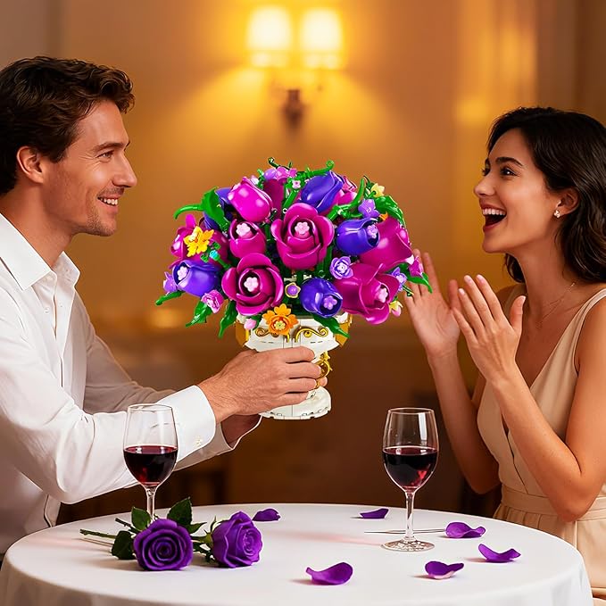 Purple Rose Flower Building Set with Vase, 969 PCS Botanicals Flowers Bouquet Building Block Kit, 18 Rose Bonsai Plant Collection Home Decor, Birthday Gift for Adults Women Boys Girls 12+
