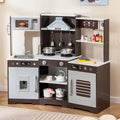 Costzon Corner Kids Kitchen Playset, Wooden Toy Kitchen Set with Range Hood, Ice Maker, Pretend Telephone, Sink, Faucet, Microwave, Oven, Play Kitchen with Lights and Sounds for Toddlers (Brown)