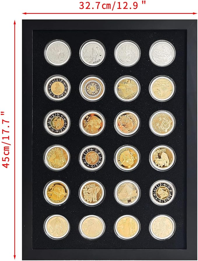 Challenge Coin Display Shadow Box,Military Coin Holder,Challenge Coin Holder Display,Casino Chip Display Case Cabinet Holder, Wood Frame, Tempered Glass Panel,with 24 Coin Capsules,Black Finish.