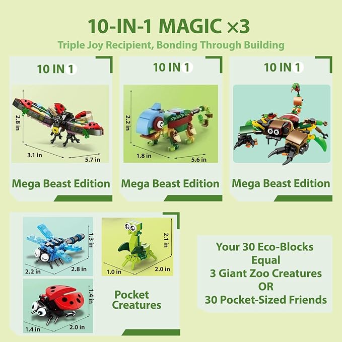 30 Packs Building Blocks Party Favors for Kids, 10 in 1 Mini Animals Building Block Sets for Classroom Prizes, Birthday, Party Favors Return Gifts, Valentines, Easter Gifts (Insects)