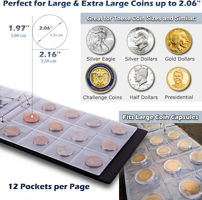 3in1 Coin Holder Album 180 Pockets - Paper Money Collection 10 Pockets - Large Storage Book for Collectors and Great for Gold Silver Dollars Dollar Bill Currency Quarters Penny Foreign Coins (Black)