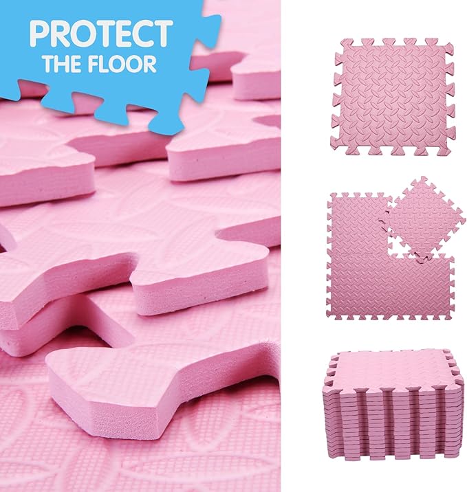 Coolcandy Solid Colored Foam Play Mat, 12"*12" Each Mat丨Non-Toxic Soft Baby Play Mat, 0.4" Thickened Square Interlocking Floor Mats - Toddler Playmat for Playing, Exercise(Pink/16 Tiles)