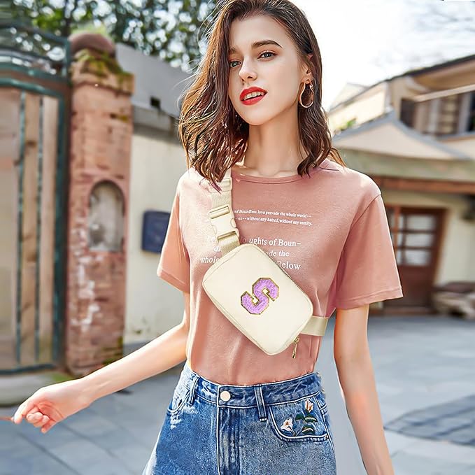 Gitus Gifts for 8 9 10 11 12 Year Old Girls Belt Bag Fanny Pack Crossbody Bags with Initial Letter Patch Cute Stuff Birthday Gifts for Teen Girls Women Personalized Trend Stuff (Ivory-S)