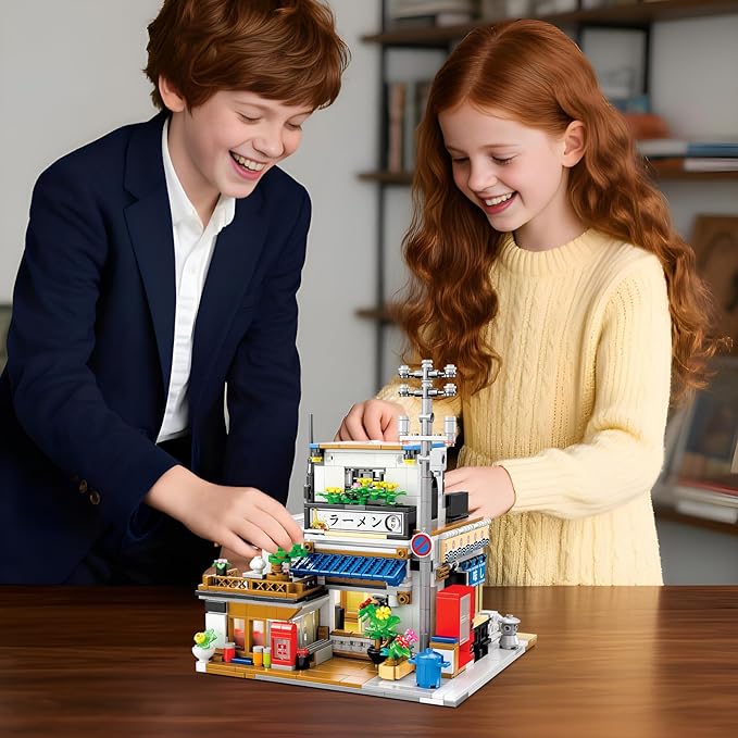 Reobrix Japanese Ramen Shop Building Blocks 66501, 2 in 1 Creative Street View House Building Kit with Light, Japanese Architecture Home Office Decor, Ideal Gifts for Boys Girls Adults 14+