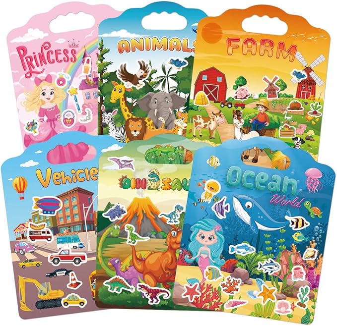 6Set Reusable Sticker Books for Toddlers 2-4 Years, Toddler Sticker Books Ages 1-3, Kids Puffy Activity Book Set Include Animal,Farm,Princess,Vehicles,Ocean,Dinosaurs