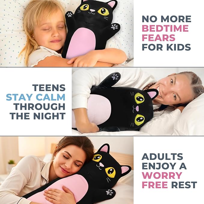 Black Cat Plush Body Pillow for Kids | Long Stuffed Animal Cuddle Pillow | Soft Hugging Toy | Plushie Gift for Girls & Boys | Long Plush Body Pillow for Sleep & Comfort | Small, 23 Inches
