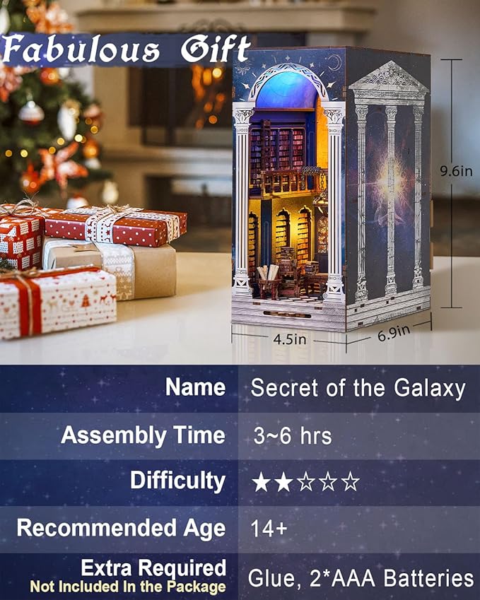 Book Nook Kit - Secret of The Galaxy, DIY Booknook Kit for Adults, 3D Wooden Puzzle Bookshelf Insert Decor with LED Lights, Craft Gift for Teens Family Friends