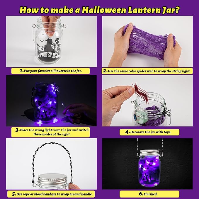 SpringFlower Halloween DIY Arts and Crafts Kits，12 Pcs Glass Mason Jar with Accessories for DIY Lantern Jar, Art & Craft Party Supplies for Classroom Kids