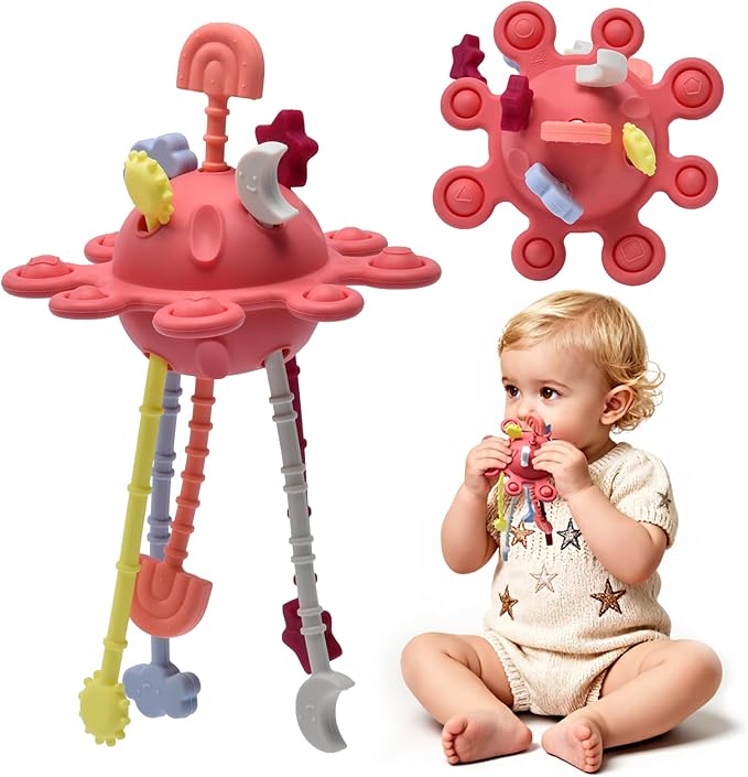 Silicone Baby Sensory Montessori Toys & Pull String Teething Toys for 6-12-18 Months, Toddler Birthday Gift Car Seat Airplane Travel Toy for 1 2 Year Old Boy Girl Infant 8 9 10 Months Old (Red)