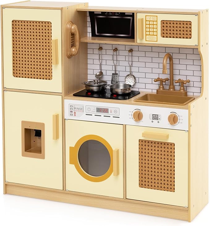 Costzon Kids Kitchen Playset, Wooden Play Kitchen w/Rattan Door, Realistic Lights & Sounds, Water Dispenser, Washing Machine, Cooking Accessories, Montessori Toy for Kids 3+ Year Old (Yellow)