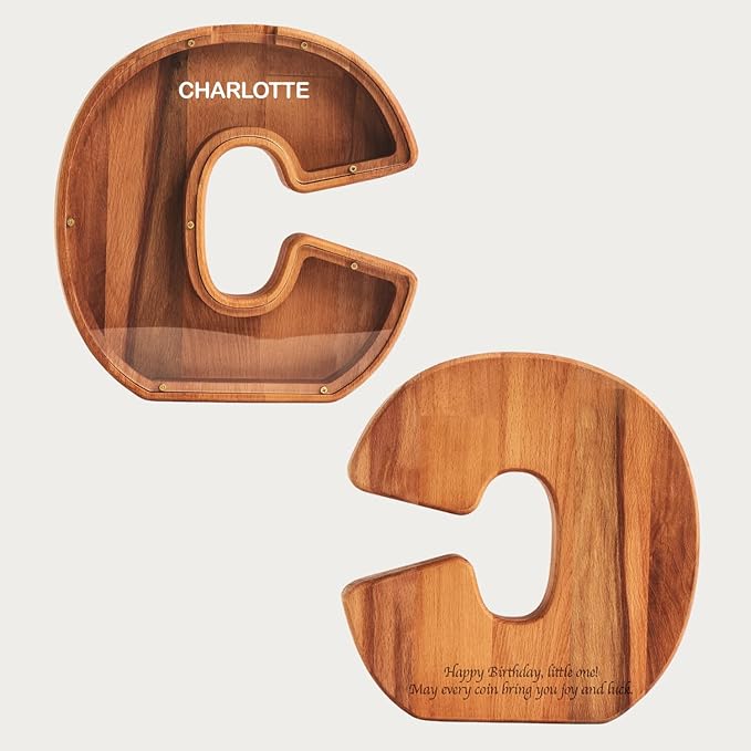 Personalized Wooden Piggy Bank – Custom Letter C Coin Bank in Beech Wood with Acrylic Front, Engraved Name Option, Money Saving Box for Kids and Adults