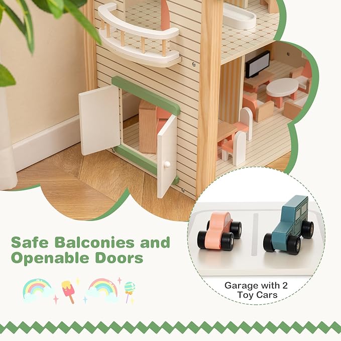 GLACER Wooden Dollhouse, Pretend House w/ 6 Rooms, 3 Storytelling, Ample Accessories, Stair & Door, Ideal Gift for Kids 3+ Years Old