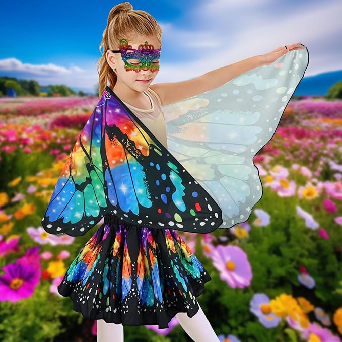 Butterfly Costume for Girls Fairy Wings Kids 4 Pcs(Cape,Skirts,Masks,Hair Clips) Butterfly Wings for Halloween Gifts