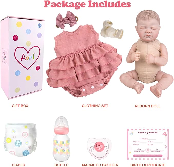Aori Realistic Reborn Baby Dolls - 20" Lifelike Sleeping Newborn Girl with Magnetic Pacifier, Poseable Limbs, Hand-Painted Skin, Soft Body for Girls 3+