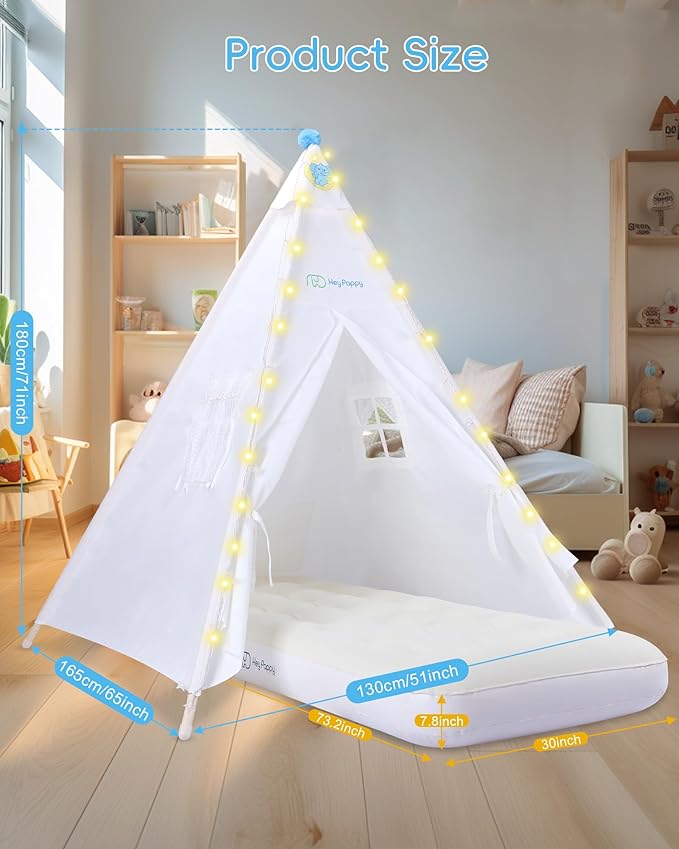 Teepee Tent for Kids with Inflatable Airbed, String Lights, Balloons, Pump, Washable Slumber Party Tent with Size 65"x51"x71", Playhouse Tent for Playtime and Sleepover